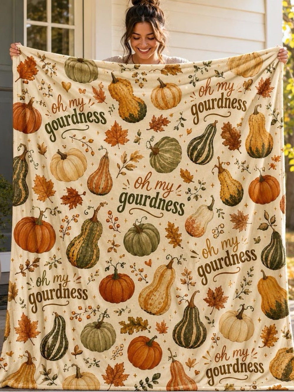 Oh My Gourdness Fall Pumpkin Throw Blanket - Cream & Autumn Colors